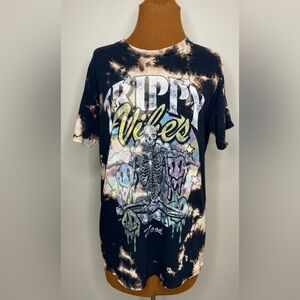 Trippy Vibes Graphic Tee Unisex Skeleton Smiley Face Bleach Dye Black Medium